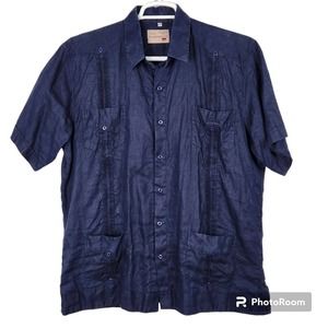 Guayaberass Mens M 42 Button Blue Short Sleeve Shirt Linen Pockets Pleats‎
